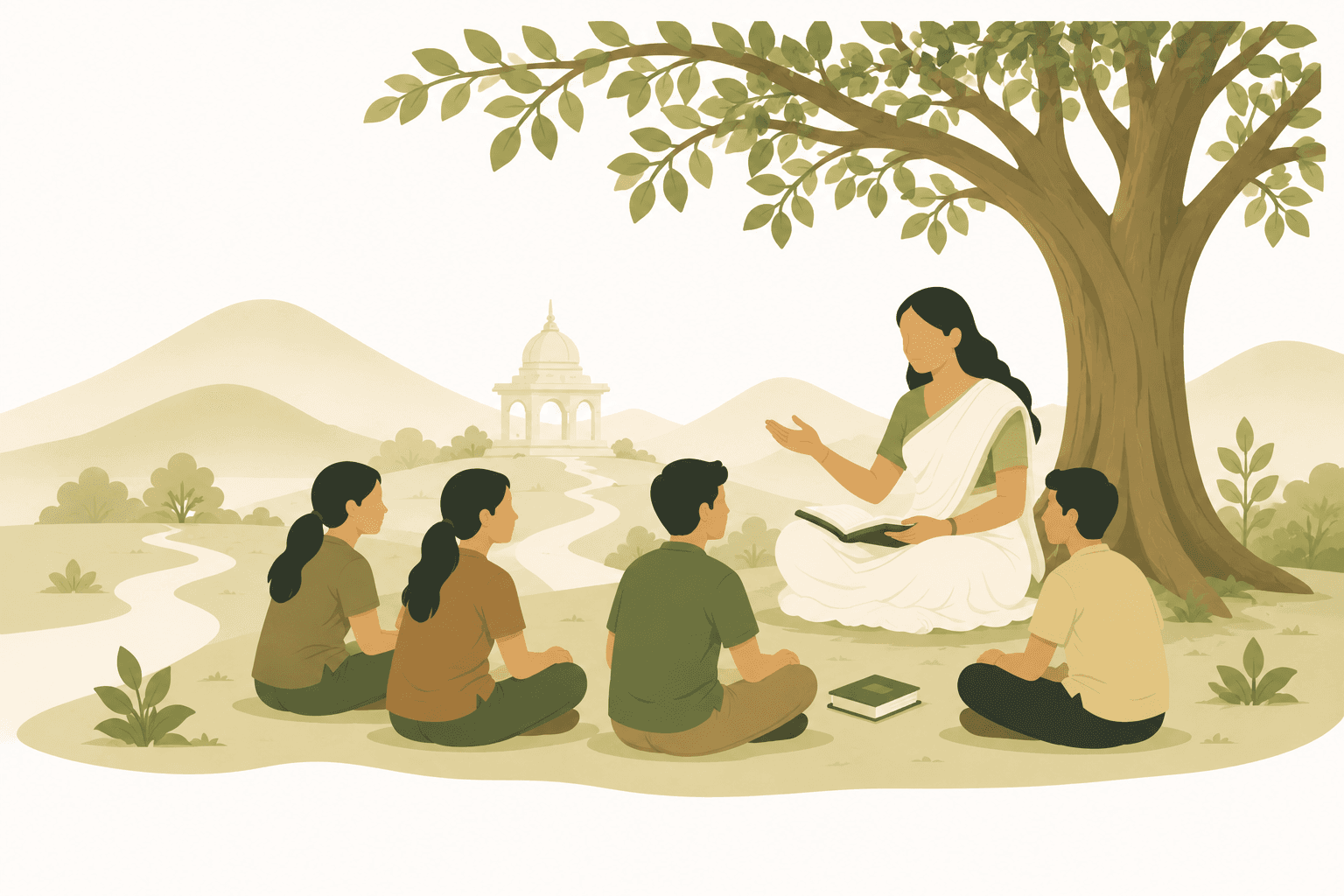 An illustration of a teacher sharing knowledge with students under a tree.
